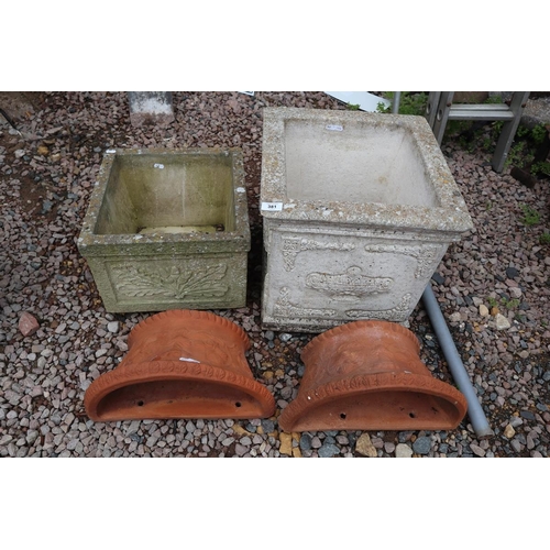 381 - 2 square stone planters together with 2 wall mounted terracotta planters