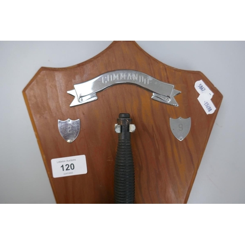 120 - Fairbairn Sykes style commando dagger mounted on wall plaque