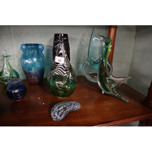 141 - Collection of colourful glass to include iridescent scent bottles