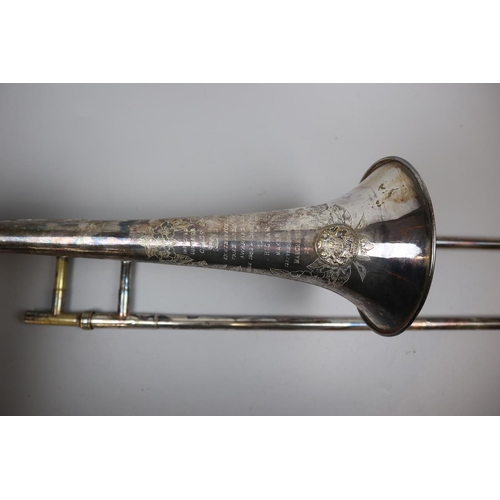 174 - Antique trombone in case marked exhibition prize medal awarded London 1862 & Dublin 1865