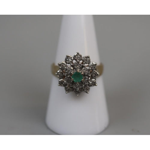 27 - 9ct gold emerald and diamond cluster ring - Size: P
