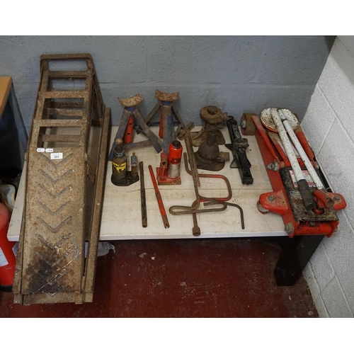 341 - Hydrolic trolly, jack pillar, jacks wind up jacks and 2 axle stands and 2 ramps