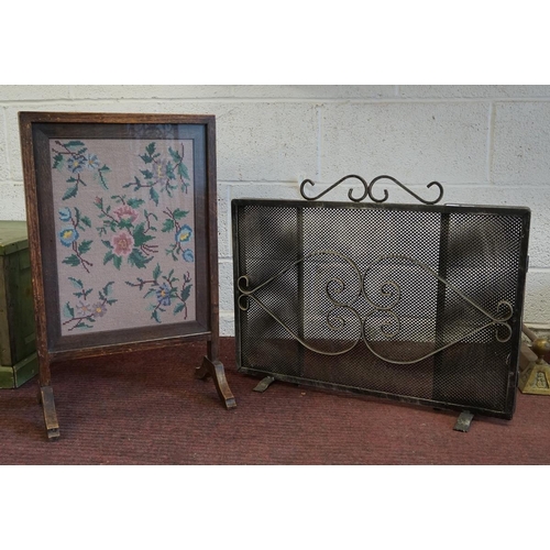 346 - Embroidered fire screen together with a metal fireguard