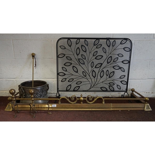 347 - Fire surround together with fire dogs, coal bucket, fire screen etc.