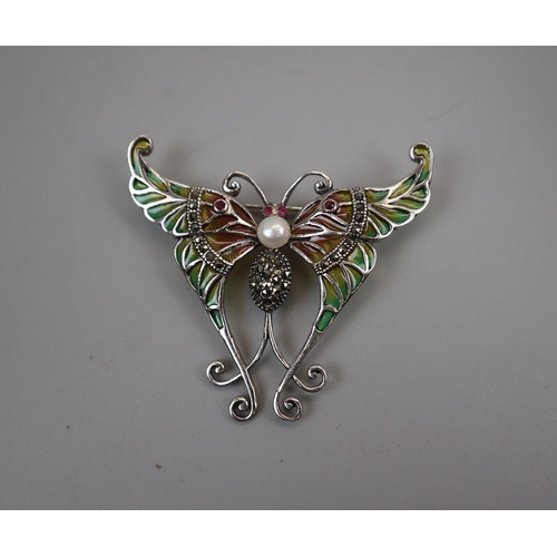 36 - Silver & enamel pearl set butterfly pendent/brooch