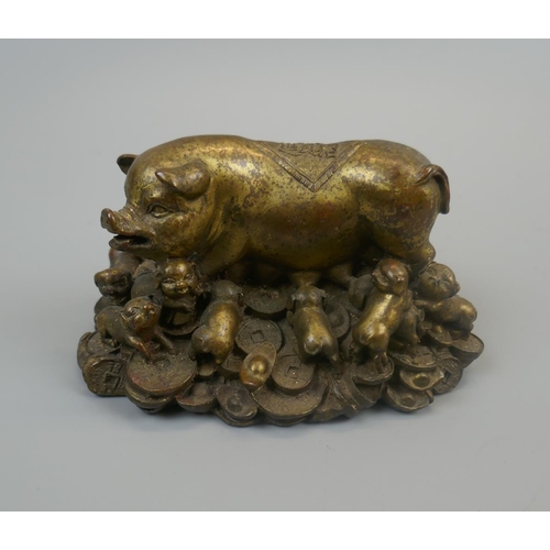 380 - Antique Chinese brass pig and piglets