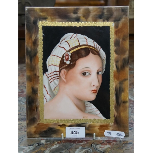 445 - Antique painted porcelain plaque - Approx image size: 20cm x 26cm