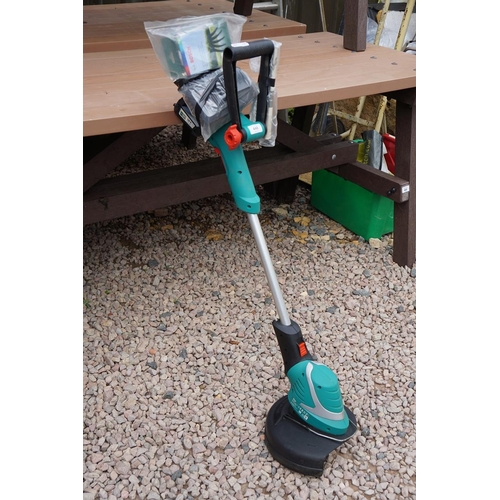 448 - Bosch rechargeable strimmer with battery, charger and packet of strimming blades