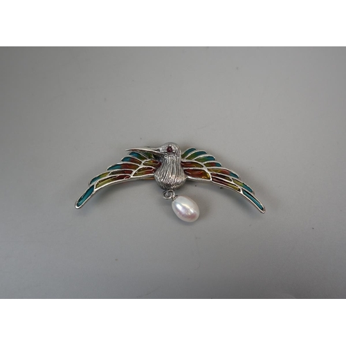 63 - Silver & enamel ruby eyed bird pendant/brooch