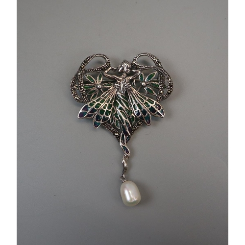 66 - Silver & enamel pearl drop fairy pendant