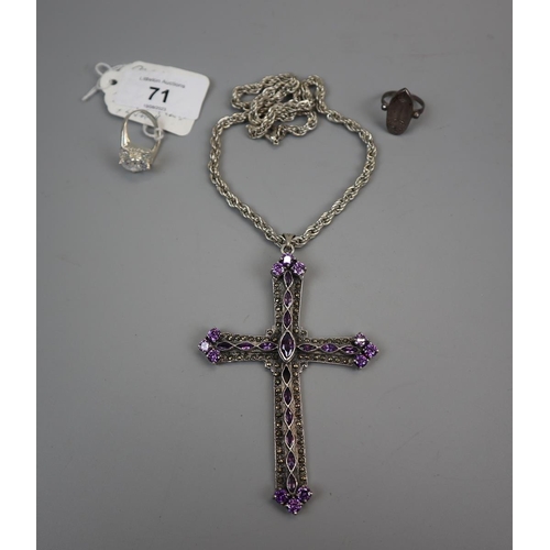 71 - Amethyst set silver crucifix on silver chain together with 2 silver rings