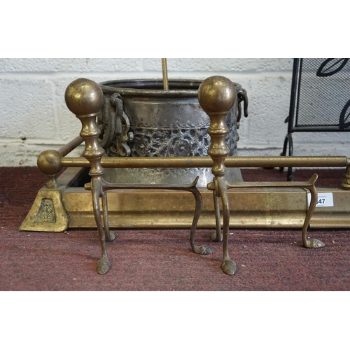 347 - Fire surround together with fire dogs, coal bucket, fire screen etc.