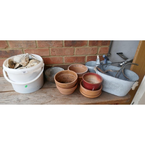 391 - Terracotta pots bucket of sea shells etc