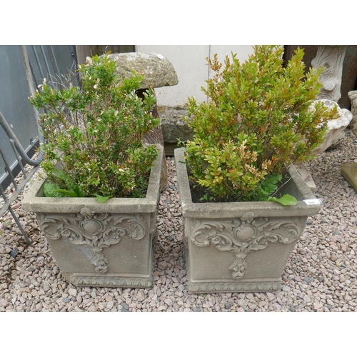 420 - Pair of stone planters with plants - Approx Height 39cm