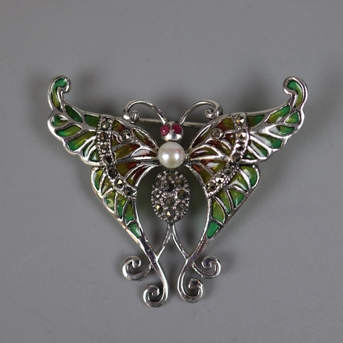 67 - Silver & enamel stone set butterfly brooch