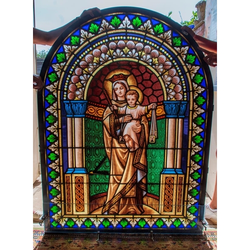 Antique large arched stained glass window depicting Madonna and Child - Height 138cm, Width 103cm