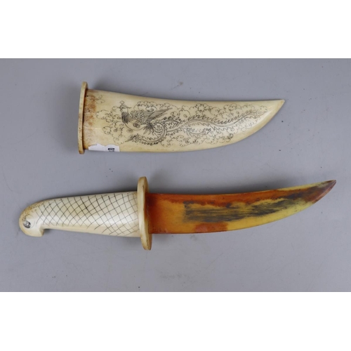 115 - Scrimshaw knife adorned with dragon and phoenix