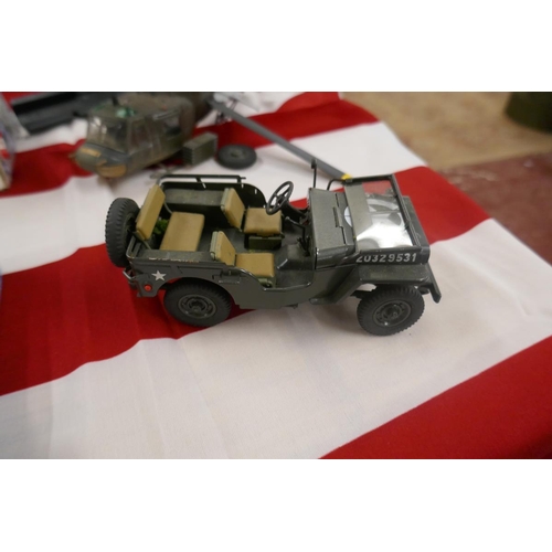 185 - Collection of military vehicles to include Dinkey etc. together with an American Star Spangled Banne... 