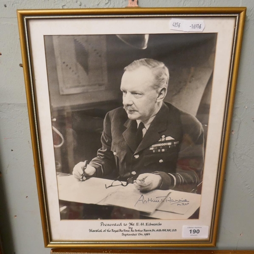 190 - Signed print presented to Mr E H Edwards by Marshal of the RAF Sir Arthur (Bomber) Harris