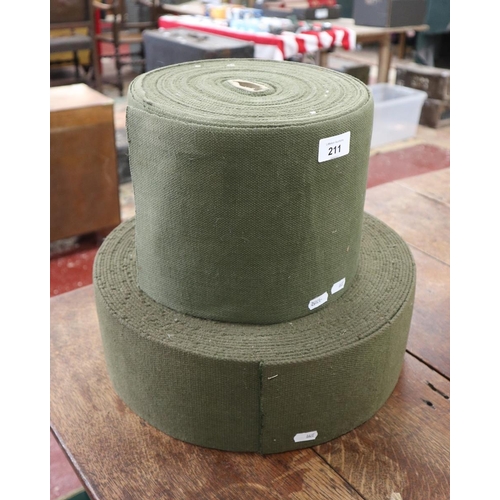 211 - 2 rolls of ex army olive green webbing - approx width 12.5cm and 20cm