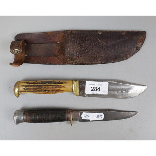 284 - Rogers fighting knife together with stag horn handle fighting knife in sheath