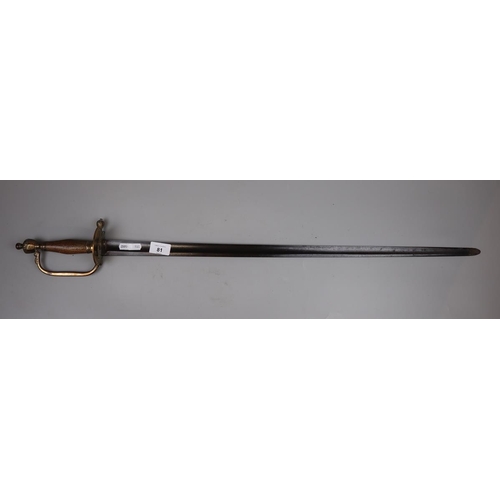 81 - Steel bladed sword with wooden grip and crown pommel A/F