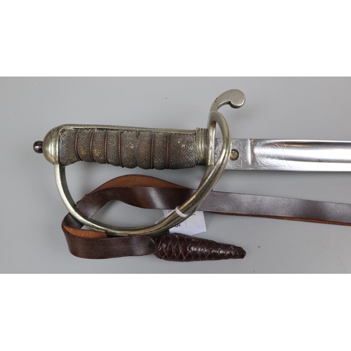 85 - Victorian artillery pattern sword with etched blade in leather scabbard and brown sword knot