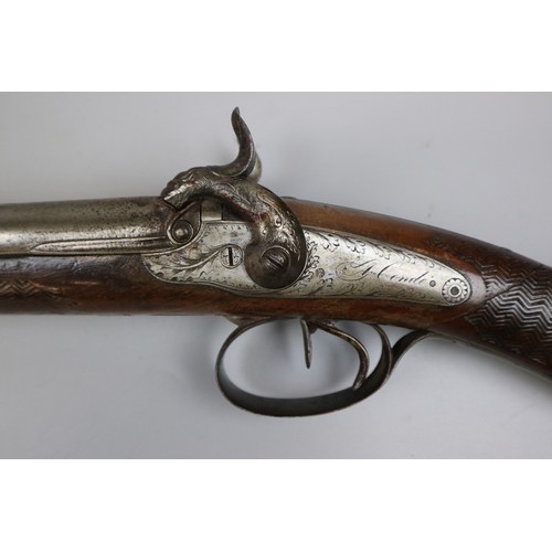 228 - Double barrel flint lock rifle with carved stock