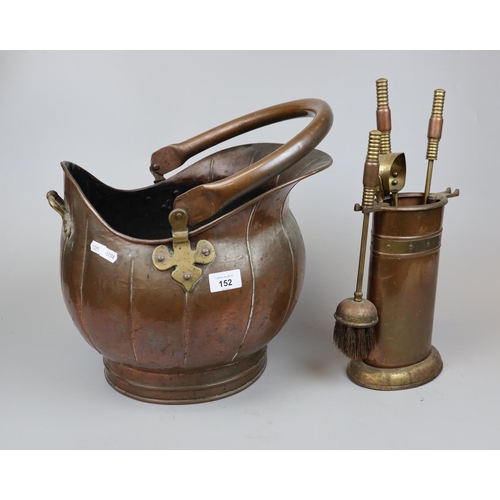 152 - Large brass and copper coal scuttle together with fire irons