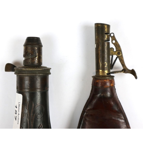 187 - 2 powder flasks - one leather and one metal