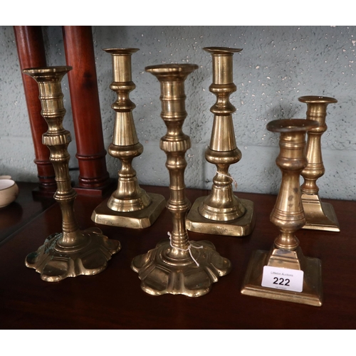 222 - 3 sets of brass candlesticks