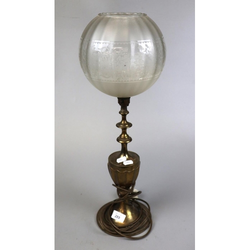 289 - Brass table lamp with etched glass globe shade