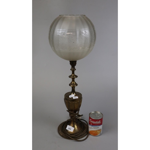 289 - Brass table lamp with etched glass globe shade