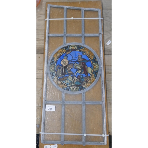 291 - Leaded glass panel with painted centre circle depicting knights