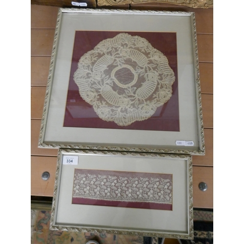 334 - Framed Victorian lace together with another