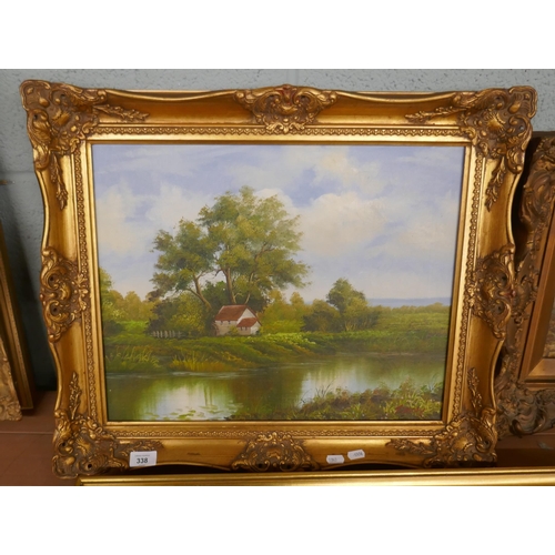 338 - Oil on canvas of a riverside cottage scene signed F Jarby - Approx image size: 50cm x 39cm
