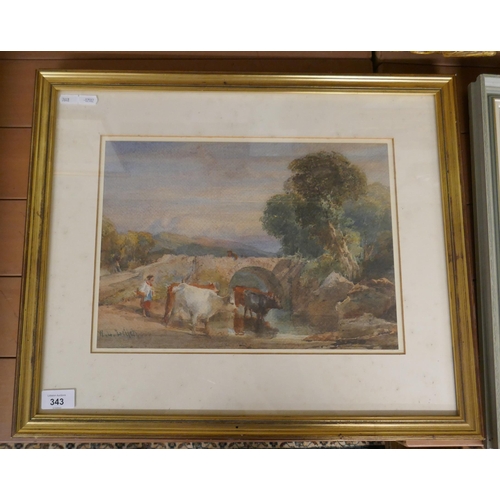343 - Watercolour of cattle near bridge by W Leitch - Approx image size: 36cm x 26cm