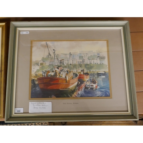 344 - Watercolour of Brixham Harbour by George Hawkins - Approx image size: 36cm x 27cm