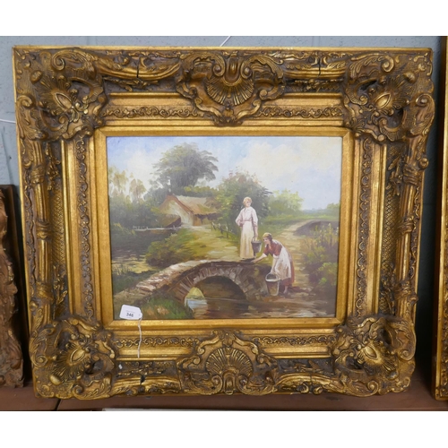 346 - Oil on canvas country scene in ornate gilt frame - Approx image size: 49cm x 39cm