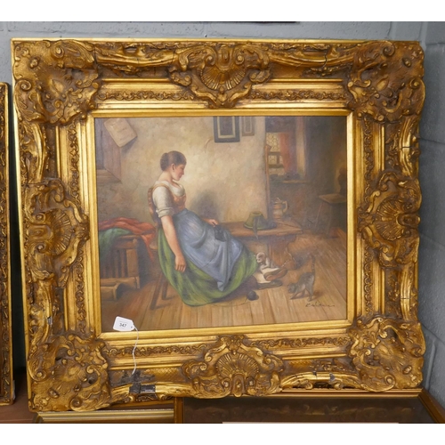 347 - Oil on canvas seated lady with cats in ornate gilt frame - Approx image size: 60cm x 50cm