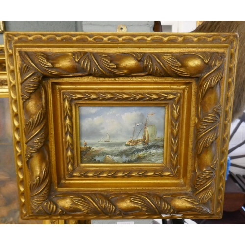 357 - Oil on board sailing boat seascape in ornate gilt frame - Approx image size: 16cm x 11cm
