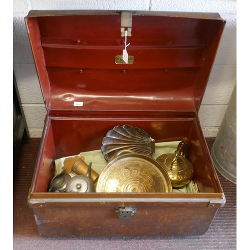 399 - Antique tin trunk and contents