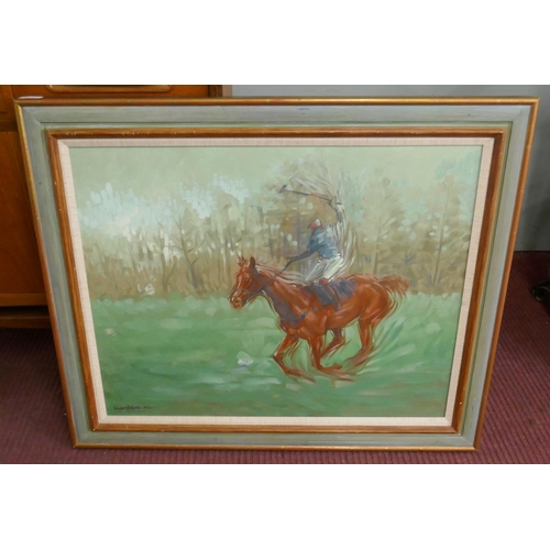 419 - Oil on board impressionist polo player - Approx image size: 74cm x 59cm