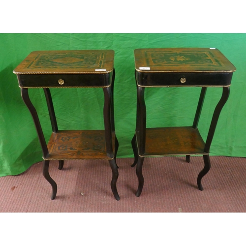 2 19thC ebonised and Louie IX marquetry lamp tables with single drawer to each