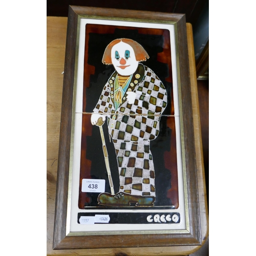 438 - Framed Majolica clown tiles marked Greco