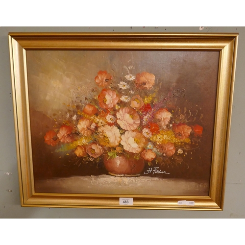 483 - Oil on canvas - Still life signed H Feldmen - Approx image size: 49cm x 39cm