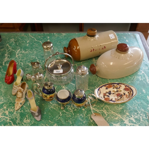492 - Collectables to include Victorian condiment set and earthenware bedwarmers