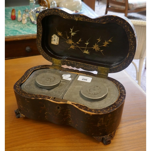 496 - Oriental tea caddy with pewter insert