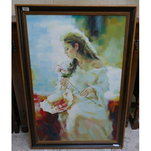 504 - Oil on canvas - Girl with rose Signed J Hamilton - Approx image size: 59cm x 90cm