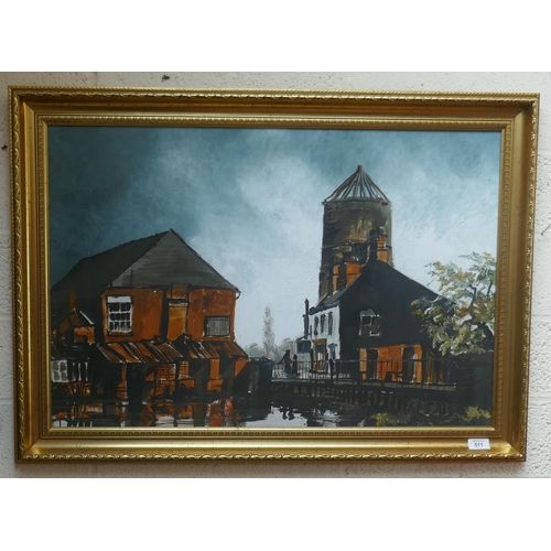 511 - Oil on board canal and mill scene - Approx image size: 78cm x 52cm